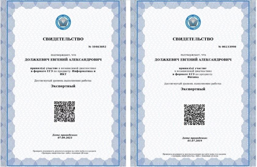 Свидетельства МЦКО: экспертный уровень Евгения Должкевича по информатике и физике